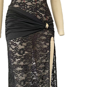 Robe longue en dentelle pour femme, sans manches, avec fente haute, en dentelle transparente, col mandarin, pour mariage et soirée, tendance - Product Image 6