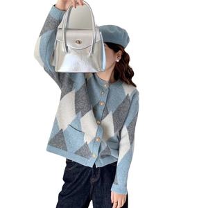 Cárdigan de punto con bloqueo de color rombo y cuello redondo para <span class=keywords><strong>mujer</strong></span> estilo Otoño e Invierno informal para <span class=keywords><strong>mujer</strong></span> - Product Image 1