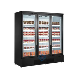 Tavsiye 3 kapı süpermarket çerçevesiz cam 1500L et ekran dik dondurucu dondurma deniz gıda sığır için