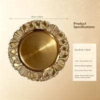 Assiette de présentation en plastique PP plaqué or personnalisée, motif coquillage baroque et décorations en relief, pour décoration de table de mariage et de fêtes
