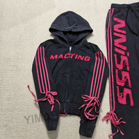 Conjunto Deportivo Personalizado para Mujer: Top Corto, Pantalones Largos Acampanados, Sudadera con Cremallera, Lavado Ácido, Bordado Desgastado y Parches
