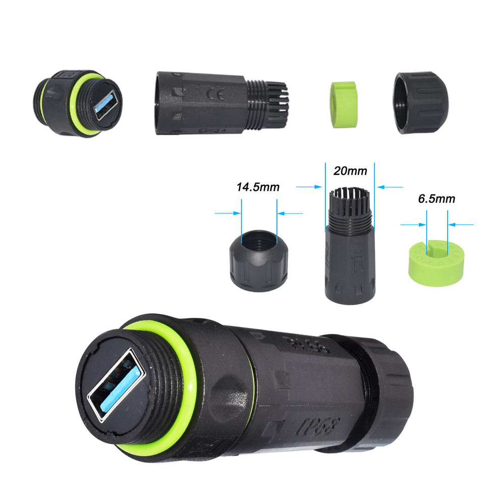 YPM20-USB3-A IP68 Waterproof USB 3.0 Female to Female Pass Through Extension Coupler dimension drawing