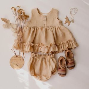 Vestido de verano para niñas, algodón y lino, chaleco para niñas, falda con volantes, enagua, falda de princesa, pantalones de pan, conjunto de ropa Bloomer para bebés - Product Image 1