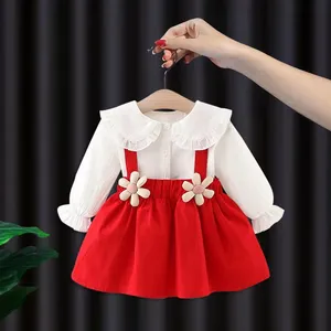 2022 Sweet Spring Fashion Girls Kids Princess Overall Dress + Long Sleeve Tops Blouse 2pcs Kids Baby Infant Clothes Set