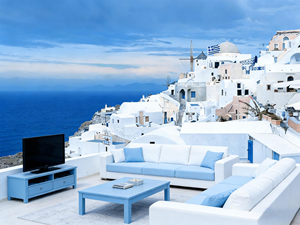 Arte de pared de vinilo con paisaje de Santorini en <span class=keywords><strong>azul</strong></span> y blanco, estilo moderno, impermeable, decoración del hogar, pintura para sala de estar, dormitorio, baño, hogar - Product Image 4