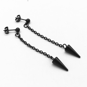 <b>Black</b> Titanium Steel Cone <b>Stud</b> <b>Earrings</b> with Chain Geometric Spike Design for Men Women Fashionable Long Drop Guangzhou - Product Image 3