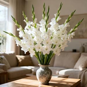 <span class=keywords><strong>Bouquet</strong></span> de 8 fleurs artificielles de gladiolus et d'orchidées |   Fleurs blanches et feuillage vert, tiges réalistes sans entretien pour les mariages - Product Image 4