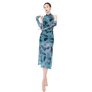 Éléments de style chinois élégants sans manches High Openings Cheongsam robe de soirée avec gant