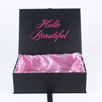 Boîte d'extension de cheveux avec ruban de luxe noir, Logo personnalisé, emballage cosmétique pour perruque, boîte cadeau pliable en Satin de soie doublé