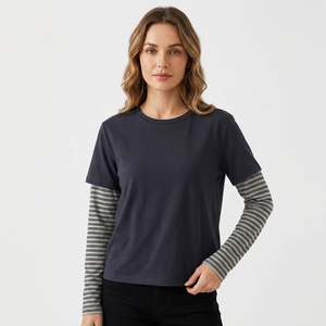 Camiseta Casual de Cuello Redondo para Mujer, Color Sólido, Manga Larga, Diseño a Rayas en Capas, Transpirable, de Algodón Tejido, 220g - Product Image 1
