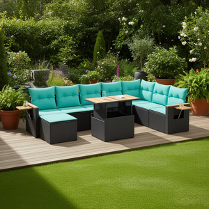 Ensemble de canapés de patio en polyrotin noir et acacia avec coussins, 10 pièces, mobilier de jardin extérieur au design contemporain - Product Image 2