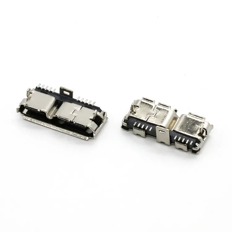 Steker Soket Wanita Tipe B, Mikro USB 3.0 10 Posisi Tipe B Sudut Kanan dengan Lubang Melalui Pasak Pemasangan