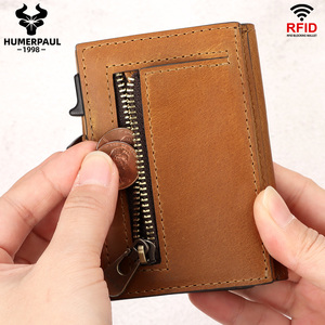RFID porta carte di credito con fermasoldi per gli uomini pazzo cavallo portafoglio in pelle per gli uomini in alluminio Pop Up metallo porta carte - Product Image 4