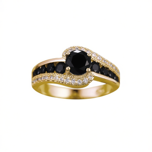Bague de fiançailles en or jaune avec pierre précieuse ronde pour femme, style classique avec sertissage à griffes en pierre naturelle, alliage de cuivre, modèle Q460 - Product Image 1