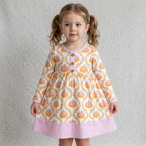 Vestido de otoño para niña, vestido dulce con estampado de calabaza naranja y manga larga - Product Image 1