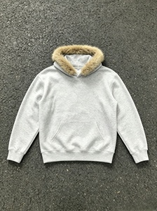 Men's Gray Hooded Pullover Sweatshirt Regular Sleeve Knitted Winter Casual Wear Faux <b>Fur</b> Trim Solid Color - Product Image 3