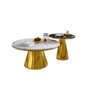 Luxury Round <b>Nesting</b> <b>Coffee</b> <b>Table</b> <b>Set</b> of 2 White Black Marble Look Sintered Stone Top Gold Stainless Steel Cone Base Living Room - Product Image 3