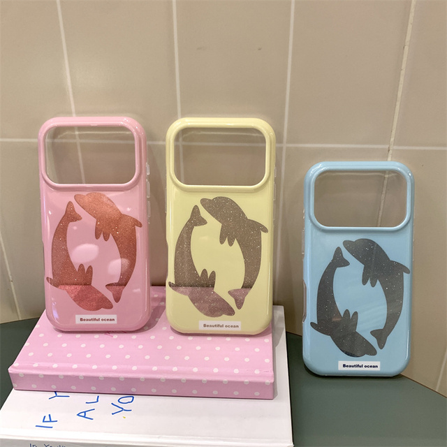 Glitter Dolphin Print Phone Case Cute Color for iPhone 17 Pro Max 15Pro 14 13 Glossy Ocean Design Shockproof Protective Cover