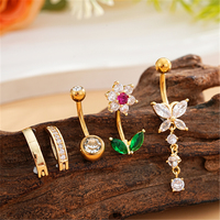 Lot de 5 Piercings de Nombril Unisexe Classiques et Délicats, Motifs Papillon, Fleur, Cœur, en Acier Inoxydable Plaqué Or 14G avec Zircon
