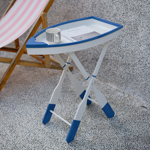 Mediterranean Style Solid Wood Boat Shaped <b>Folding</b> Coffee <b>Table</b> With Blue Trim Pine Material - Product Image 3