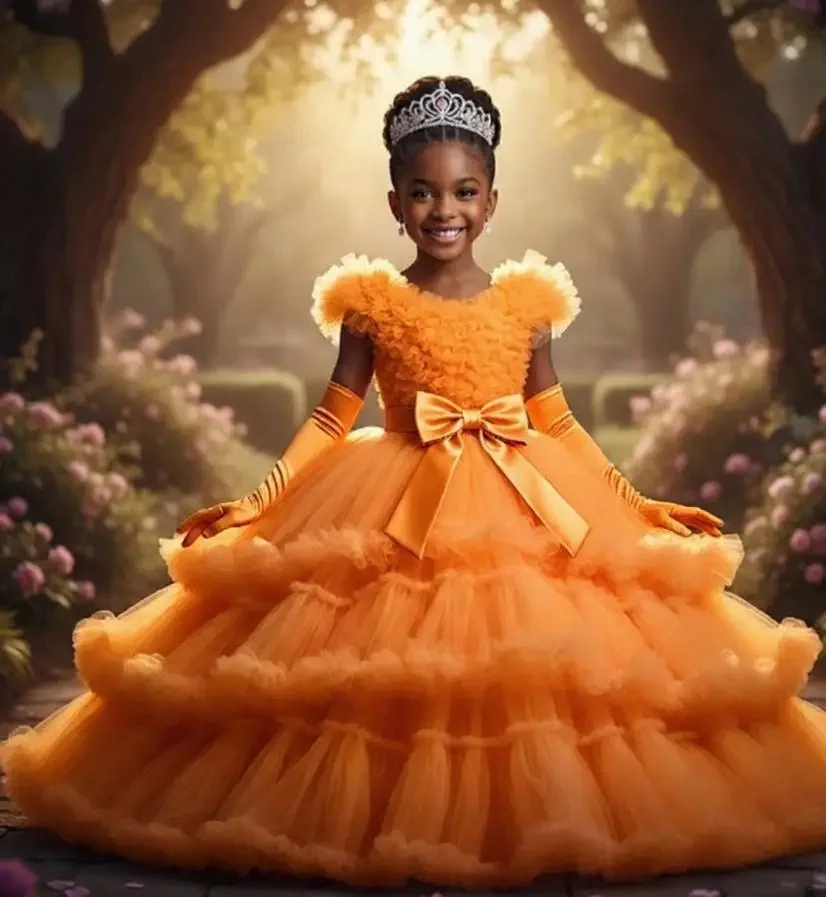 Girls Tutu Skirt - Layered Tulle Princess Sparkle Puffy Tutu Costume For Dress-Up & Parties (Orange)