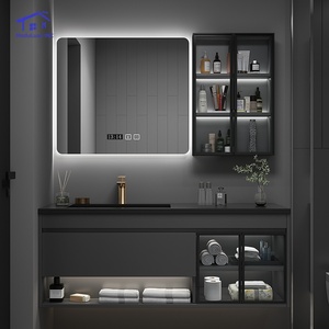 Mueble de baño inteligente negro con espejo inteligente semitransparente, lavabo blanco y gabinete colgante. - Product Image 1