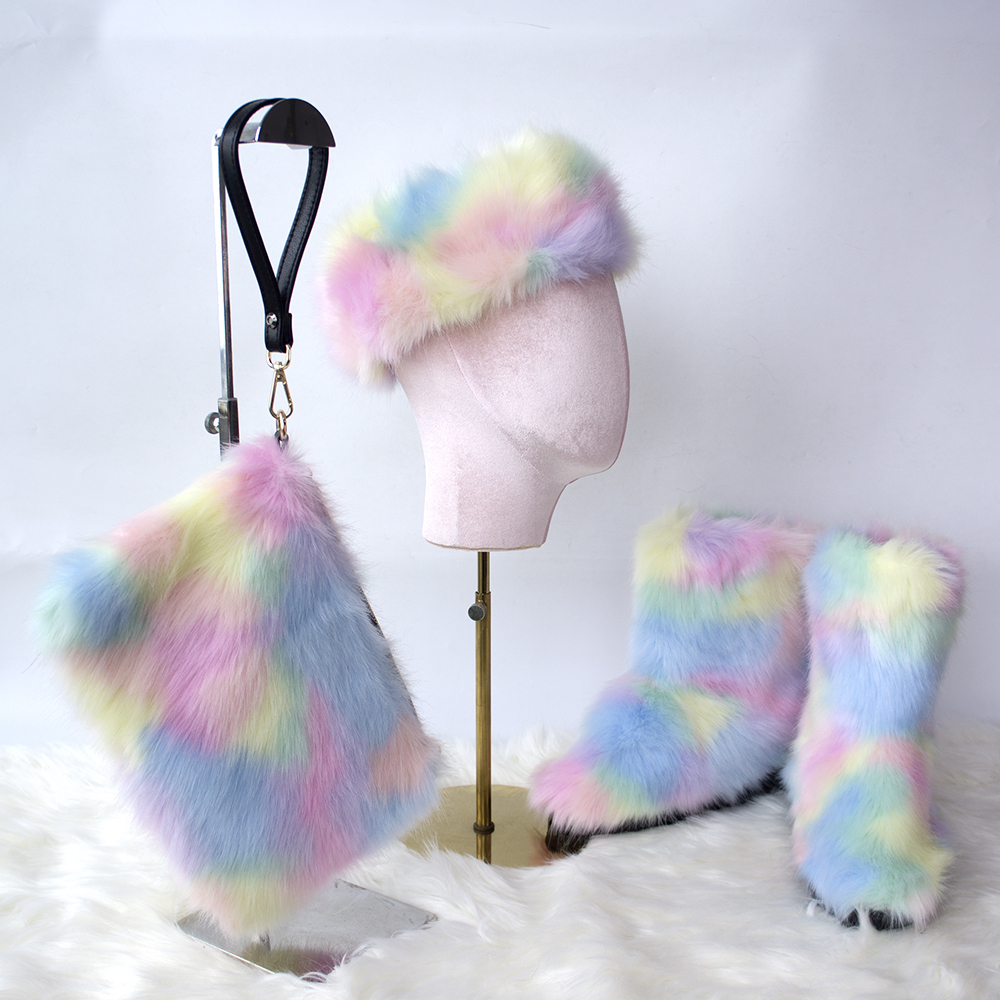 Новый стиль, теплый комплект для женщин, красочные меховые сапоги, кошелек и повязка на голову из искусственного меха, зимние сапоги для женщин