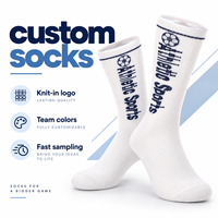 Chaussettes de sport personnalisées couleur équipe, tricotées en blanc avec slogan sportif bleu, logo brodé, échantillonnage rapide, chaussettes de sport sur mesure