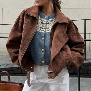 Chaqueta Corta de Mujer Otoño 2025, Nueva, Elegante, Marrón, de Ante Sintético, Estilo Casual, con Hombros Acolchados, Solapa Vintage, Cierre de Cremallera, Color Sólido - Product Image 2