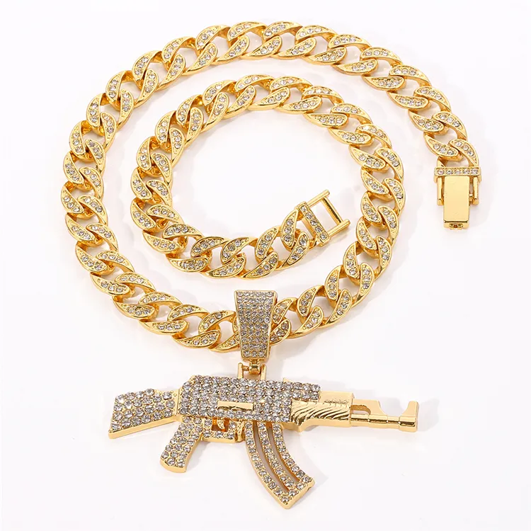 Hip Hop Jewelry Gold Plated AK47 Gun Pendant Chain Necklace uzi Gun Pendant Man Womens Charm Gold Gun Necklace For Men