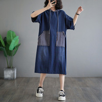 Été Loose Casual Patchwork Poches Drawstring Hooded Dresses Half Short Sleeve Midi Women's Cargo Clothing Dress Cotton Denim