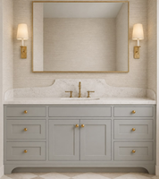 Meuble-lavabo de salle de bain blanc personnalisé style Shaker avec quincaillerie dorée, double vasque et plan de travail en quartz pour usage résidentiel