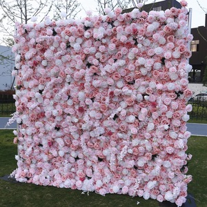 Mur de fleurs de mariage de style européen 8ft x 8ft, lotus rose 5D, décoration enroulable - Product Image 1