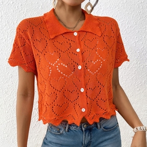 New Arrival Custom Hollow Out Crochet Knit <b>Cardigan</b> Short Sleeve Button Down Scalloped Hem Short Beach Coverup For Women - Product Image 4