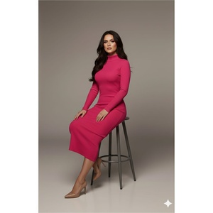 เดรสทรงดินสอคอสูงสีบานเย็นสำหรับผู้หญิง ความยาว 135 ซม. สไตล์เสื้อสเวตเตอร์ - Product Image 4