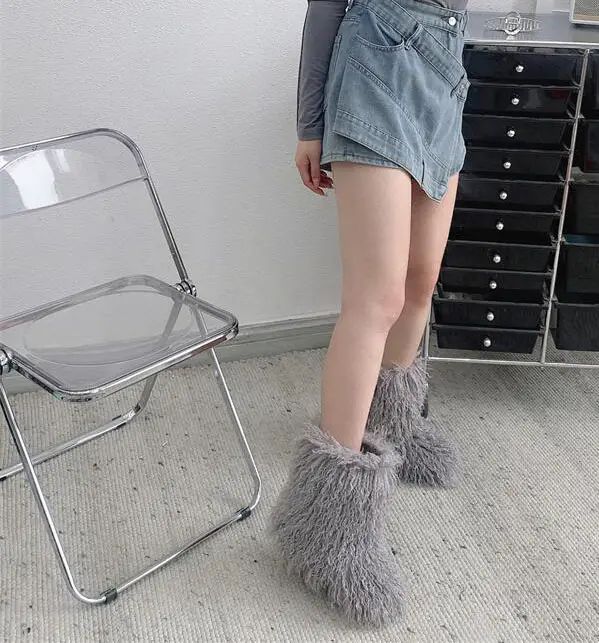 Inverno Fluffy Faux Fur Botas Mulher Plush Quente Neve BootsFootwear Furry Fur Bottes Moda Inverno Sapato