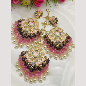 Designer Fine Gold Plated Kundan Meenakari Earrings with Beads and Maangtikka Bridal Jewelry Set - Product Image 1
