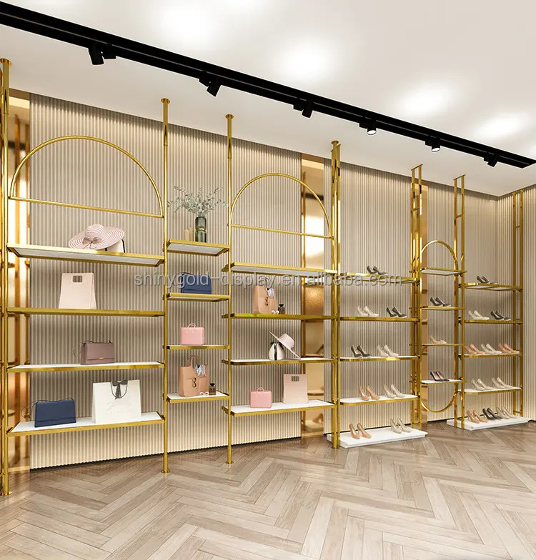 Benutzer definierte Edelstahl Stoff Display Ständer Frauen Kleidung Display Racks Metall Einzelhandel Boutique Gold Kleider ständer