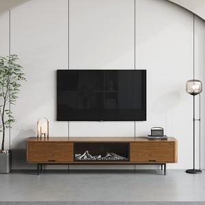 Meuble TV autoportant de style rétro couleur noyer avec cheminée électronique à flamme simulée, style nordique - Product Image 3