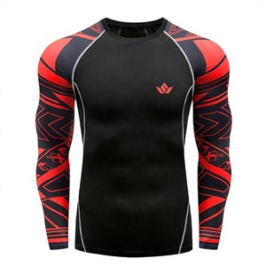 Men's Black Red Long Sleeve Rash Guard Sublimation <b>Print</b> Quick Dry Performance Sportswear Gym MMA BJJ <b>Surfing</b> Training Top - Product Image 1