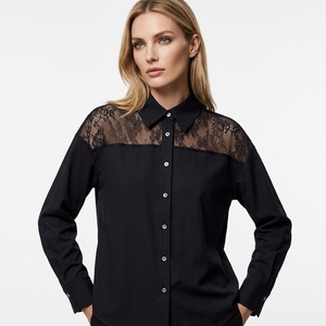 Camicetta <span class=keywords><strong>Elegante</strong></span> da Donna in Cotone con Pizzo Traforato Stile Francese Primavera 2026, Manica Lunga, Certificata GOTS, Bianca/<span class=keywords><strong>Nera</strong></span> - Product Image 1