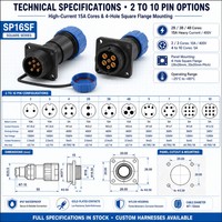 SP16SF IP68 Quadratischer Flansch-Wasserdichter Luftfahrtstecker mit 2 3 4 5 7 9 10 Pin Lötanschluss 15A 400V Kabelstecker CE RoHS