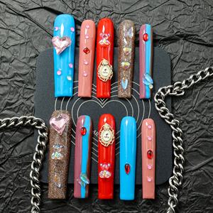 Uñas postizas de lujo de acrílico, largas, con forma de ataúd, coloridas, de cobertura completa, hechas a mano, con pedrería de estrellas, precio de fábrica al por mayor - Product Image 2