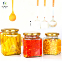 Bocal carré en verre de haute qualité de 380 ml pour sauce piquante, sauce tomate, miel, cornichons, pâte de bœuf avec couvercles métalliques