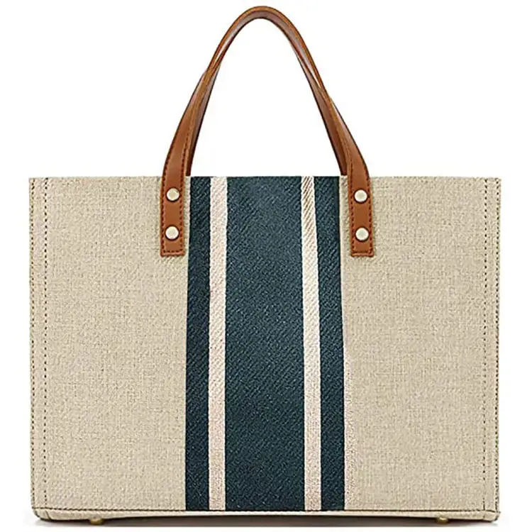 Custom Logo Casual Canvas Pocket Big Beach Tote Bag Linen Tote Women Jute Shopper Handbag