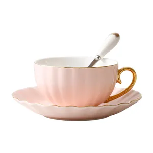 定制家居装饰配件批发粉色茶杯带手柄陶瓷杯碟