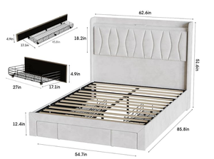 Cadre de <span class=keywords><strong>lit</strong></span> moderne Queen Size Lumière LED 3 tiroirs Plate-forme de rangement en <span class=keywords><strong>lin</strong></span> rembourré Station de charge Tête de <span class=keywords><strong>lit</strong></span> haute à oreilles Non - Product Image 2