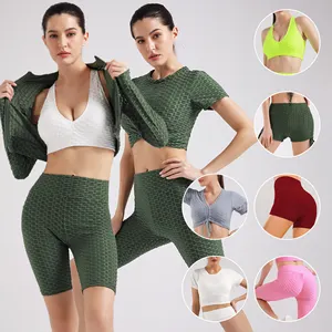 Conjunto de yoga para mulheres, cor sólida manga curta levantamento bolha, top cropped e shorts para mulheres