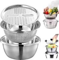 Op Maat Gemaakte 3-delige Roestvrijstalen Salade Rijstfilterkom Set Multifunctioneel Deksel Voor Fruitgroente Metalen Fruitgroentegereedschap