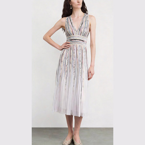 Abito Estivo Elegante da Donna, Nuovo Arrivo, Modello A-Line, Sexy con Scollo a V, Senza Maniche, Lunghezza Maxi, Casual a Righe con Volant, Naturale ODM - Product Image 4
